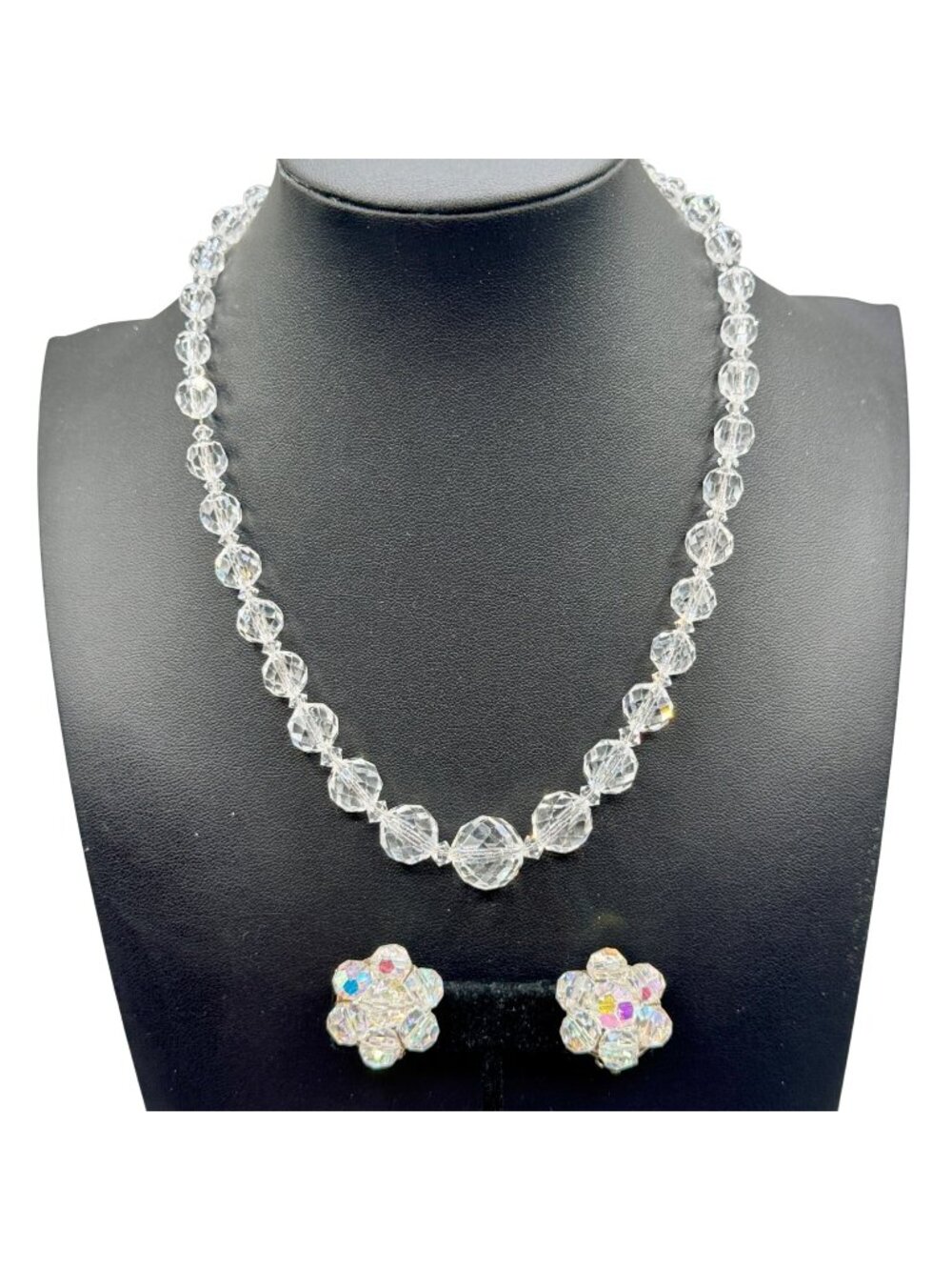 Vintage Crystal Glass Bead Necklace 16" Cluster Earrings 1950s Cottagecore Glam